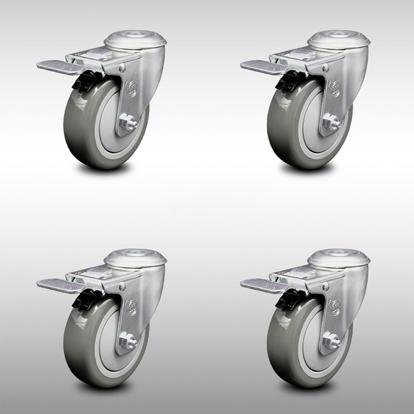 4 Inch SS Gray Polyurethane Swivel Bolt Hole Caster Set with Total Lock Brake